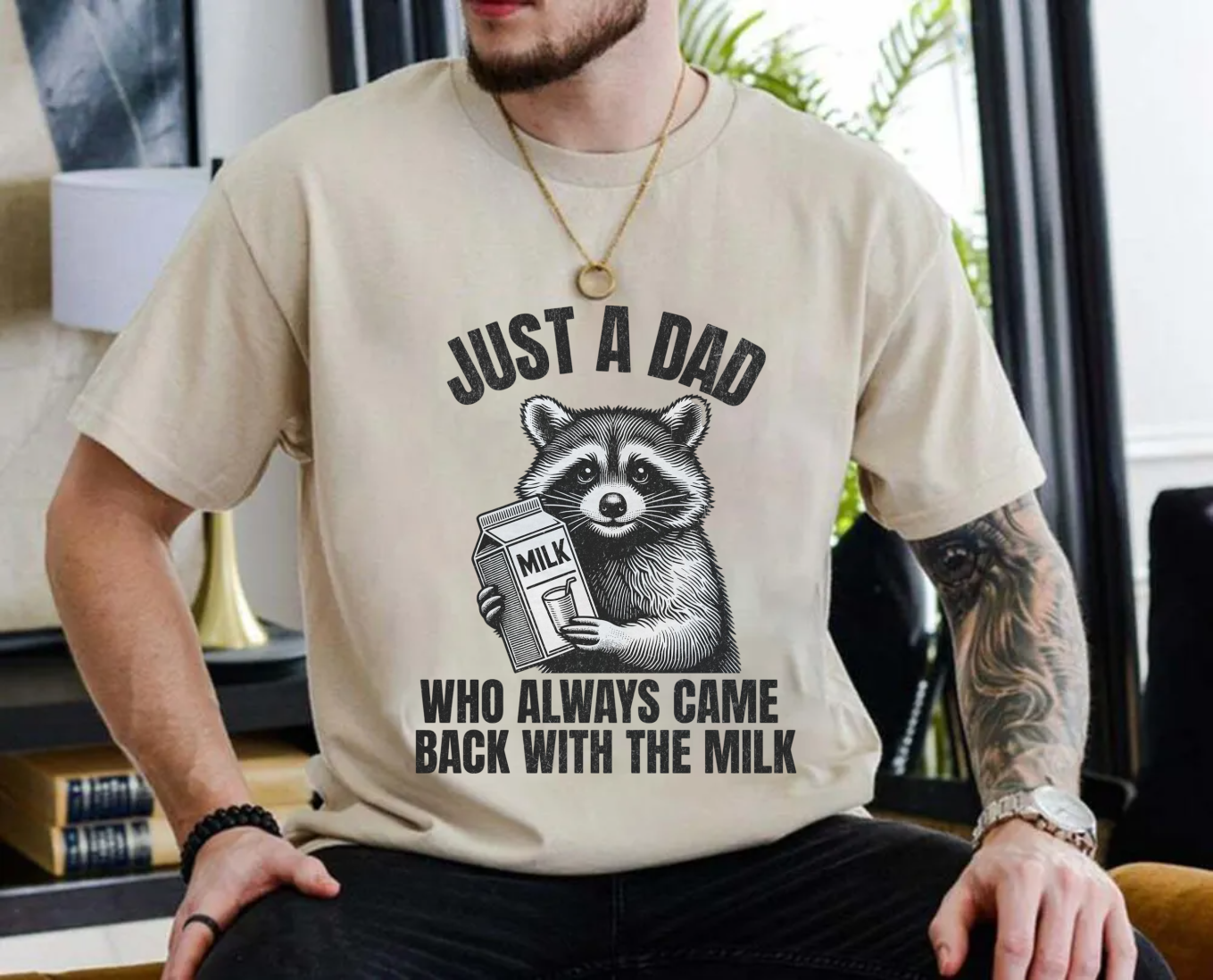 Just A Dad Who Came Back With The Milk Father's Day Raccoon Shirt, Dark Humor Funny Milk T Shirt, Unisex Short Sleeve Tee, Crewneck Top